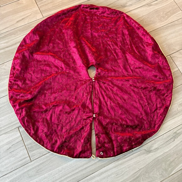 Other - Christmas Tree Skirt Vintage 36in Red Velvet Gold Embroidered Floral
